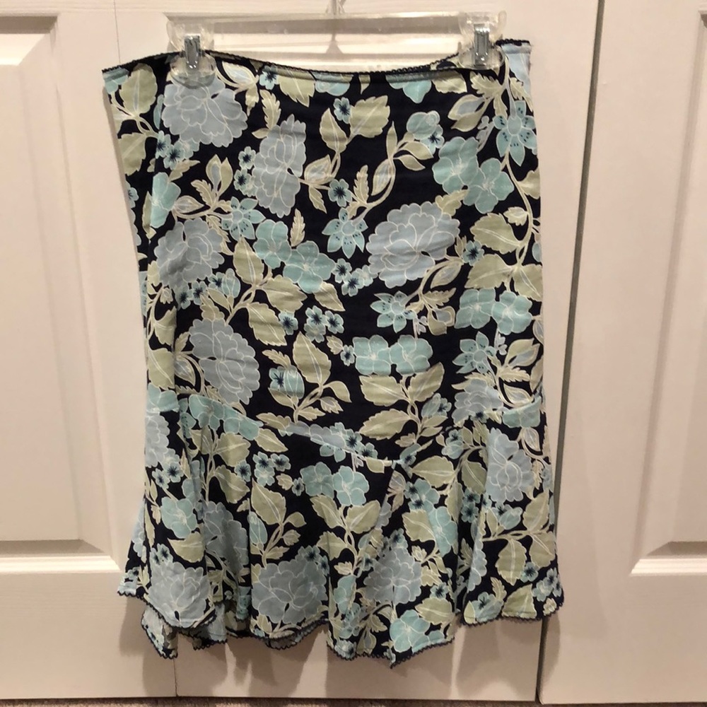 Navy blue floral print linen skirt